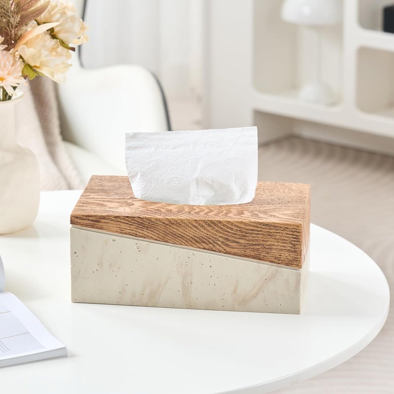 Polytree غطاء صندوق مناديل بتصميم مستطيل من الترافرتين الطبيعي والخشب الريفي للحمام، غرفة المعيشة، غرفة النوم، صندوق مناديل مصنوع يدويًا مع خشب مدمج من الترافرتين، 10 × 5.7 × 4.5 بوصة - Image 5